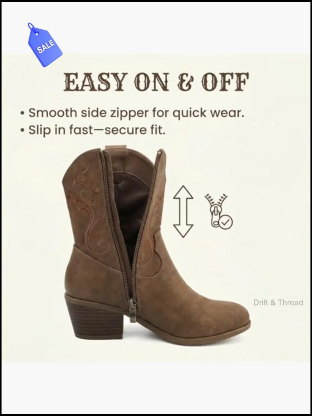 Women's Cowboy Boots Ankle Booties Floral Embroidered Side Zip Block Heel